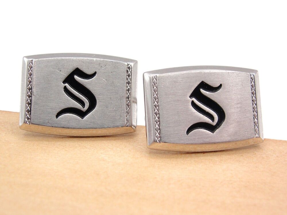 Vintage Hickok USA Silver Tone Initial "S" Monogram Cufflinks Letter Black MCM